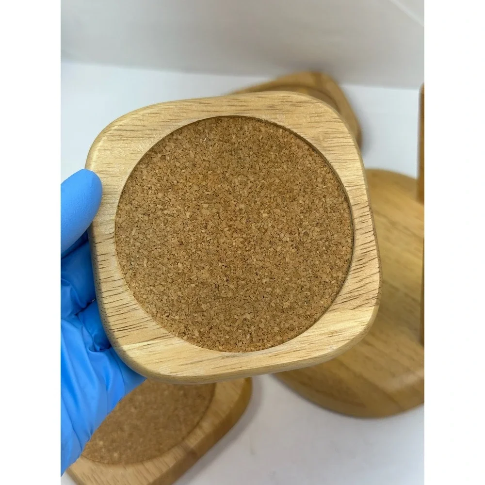 Wooden Coaster Set with Holder 6 Piece‎ Square Cork Inlay Storage Location B-2